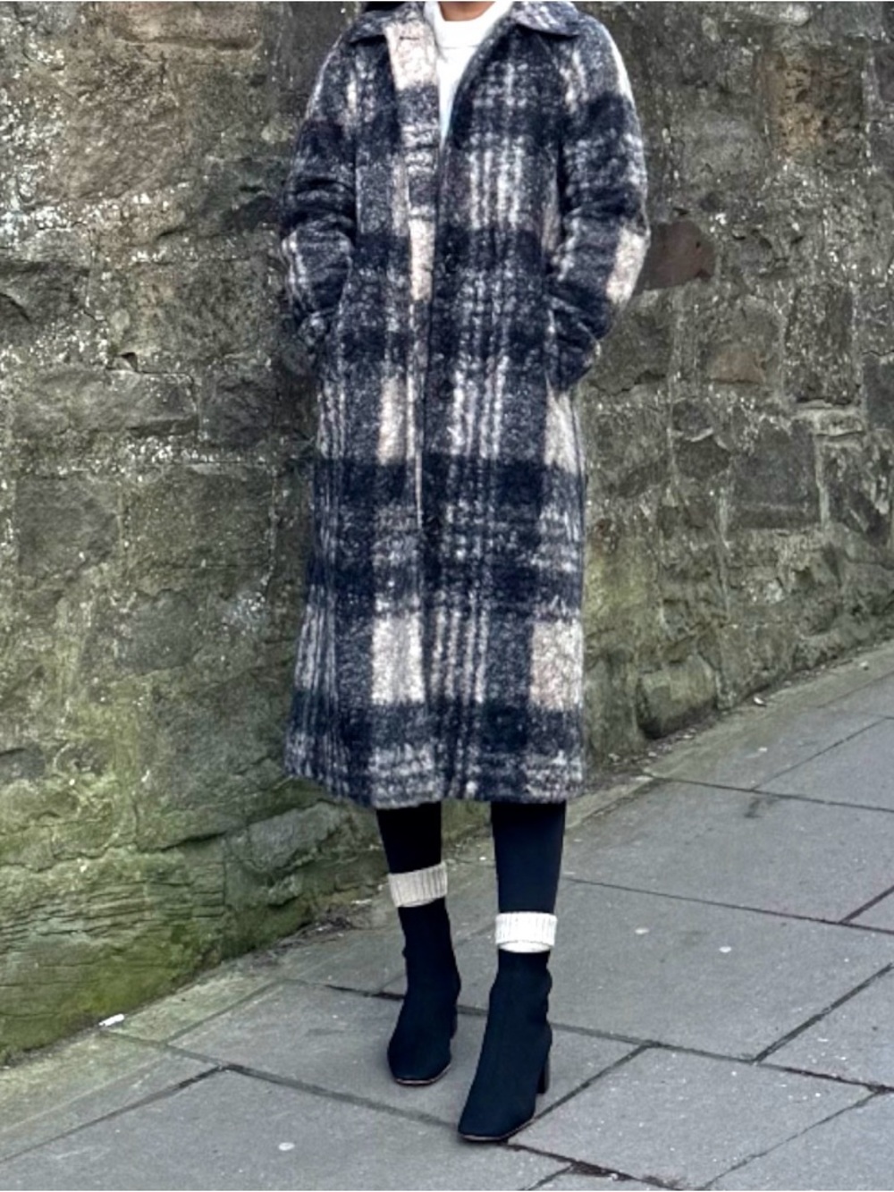 Marine Layer Plaid Long Coat in Black, Gray, and Tan - Picture 6 of 7